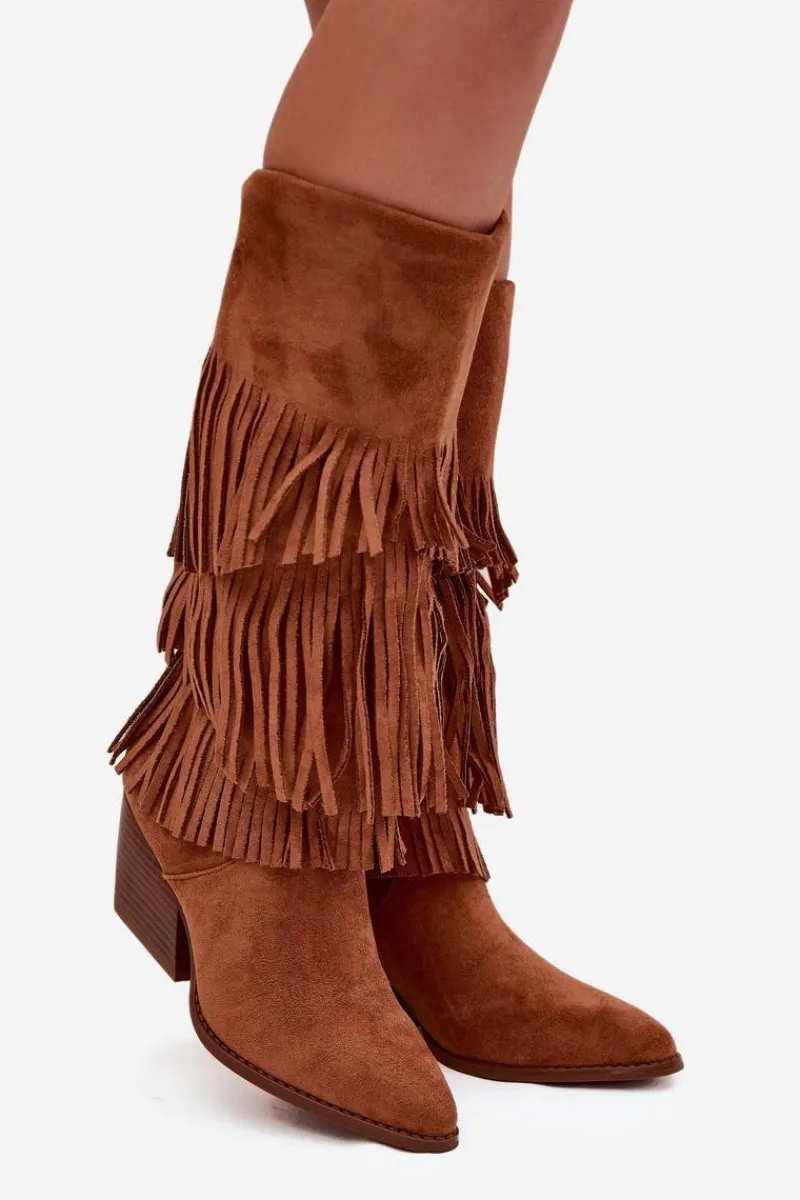 Sale Boto Ocieplane Kozaki Kowbojki Damskie Z Frędzlami Camel Brivina Brązowy