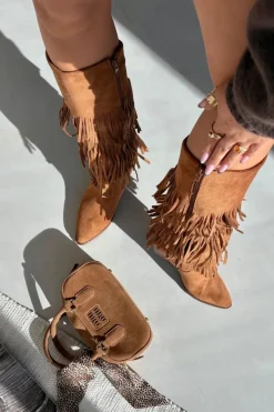 Sale Boto Ocieplane Kozaki Kowbojki Damskie Z Frędzlami Camel Brivina Brązowy