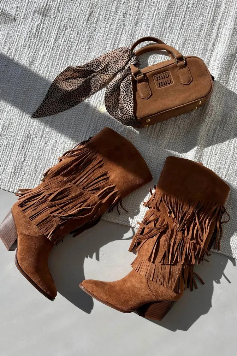 Sale Boto Ocieplane Kozaki Kowbojki Damskie Z Frędzlami Camel Brivina Brązowy