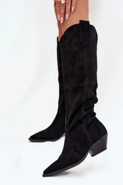 Best Ocieplane Kozaki Kowbojki Na Obcasie Z Eko Zamszu Czarne Jovianne Damskie Kozaki Ocieplane|Kozaki Na Słupku