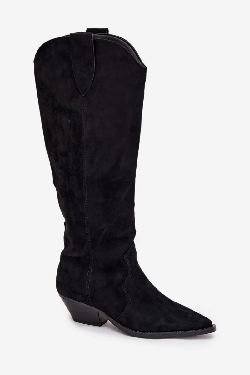 Best Ocieplane Kozaki Kowbojki Na Obcasie Z Eko Zamszu Czarne Jovianne Damskie Kozaki Ocieplane|Kozaki Na Słupku