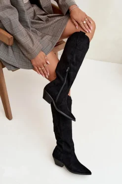 Best Ocieplane Kozaki Kowbojki Na Obcasie Z Eko Zamszu Czarne Jovianne Damskie Kozaki Ocieplane|Kozaki Na Słupku