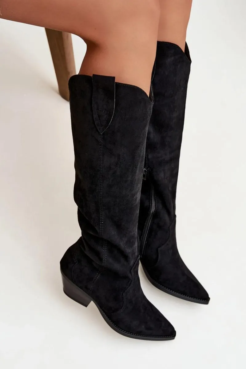 Best Ocieplane Kozaki Kowbojki Na Obcasie Z Eko Zamszu Czarne Jovianne Damskie Kozaki Ocieplane|Kozaki Na Słupku