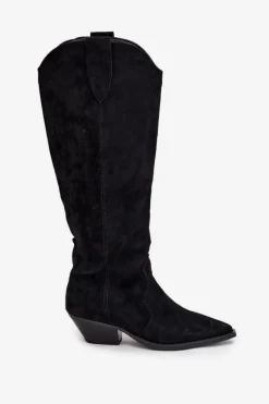 Best Ocieplane Kozaki Kowbojki Na Obcasie Z Eko Zamszu Czarne Jovianne Damskie Kozaki Ocieplane|Kozaki Na Słupku