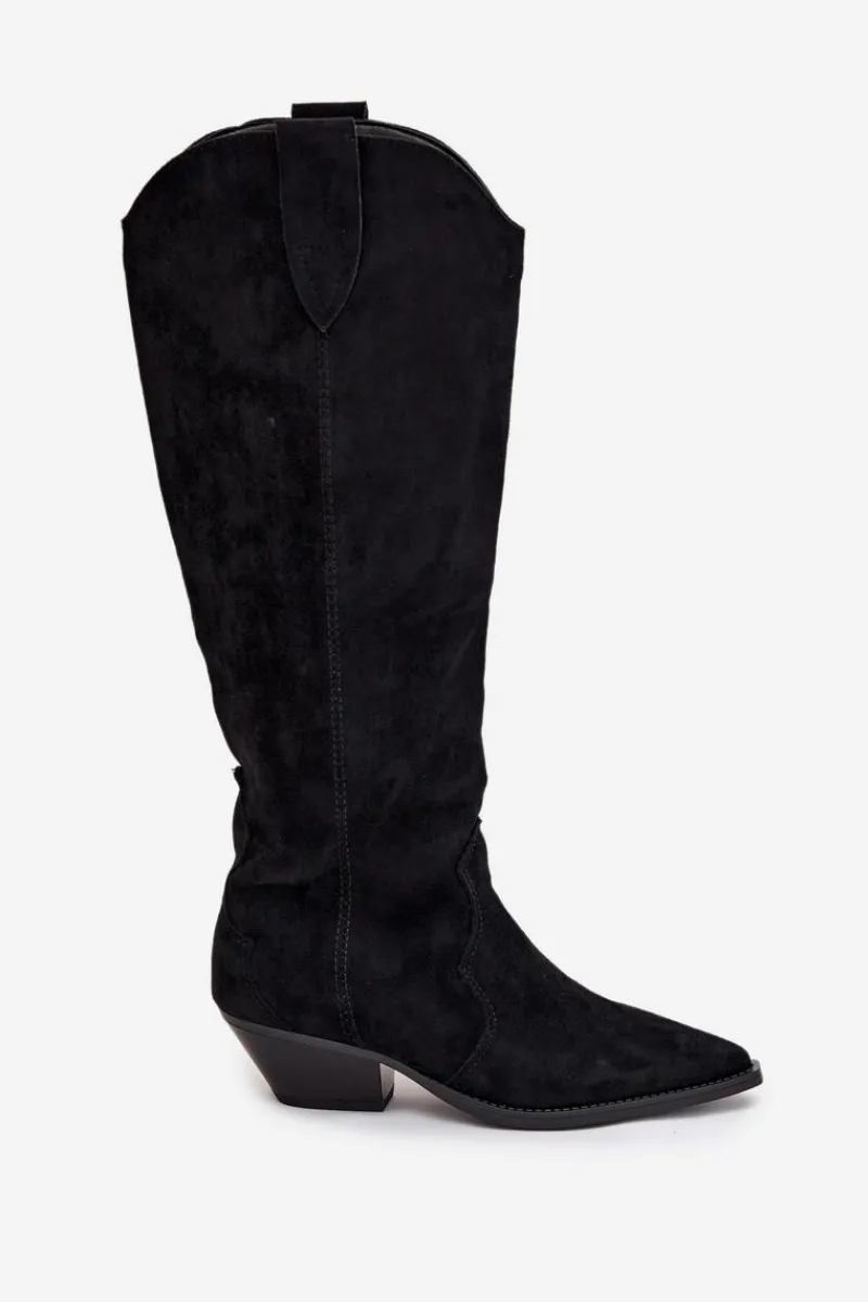 Best Ocieplane Kozaki Kowbojki Na Obcasie Z Eko Zamszu Czarne Jovianne Damskie Kozaki Ocieplane|Kozaki Na Słupku