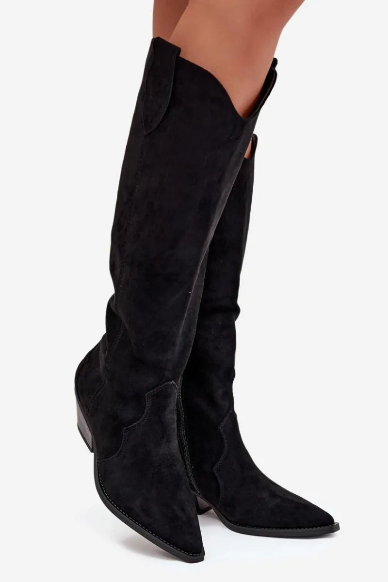 Best Ocieplane Kozaki Kowbojki Na Obcasie Z Eko Zamszu Czarne Jovianne Damskie Kozaki Ocieplane|Kozaki Na Słupku