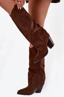 Hot Boto Ocieplane Kozaki Kowbojki Na Słupku Z Eko Zamszu Czekoladowe Mavine Brązowy