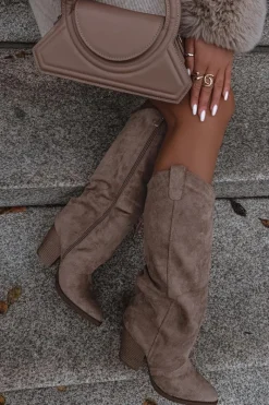 Clearance Ocieplane Kozaki Kowbojki Na Słupku Z Eko Zamszu Beżowe Mavine Damskie Kozaki Ocieplane|Kozaki Na Słupku