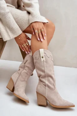 Outlet Boto Ocieplane Kozaki Kowbojki Na Słupku Eko Zamszowe Beżowe Hanivin