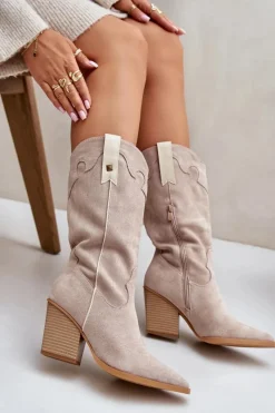 Outlet Boto Ocieplane Kozaki Kowbojki Na Słupku Eko Zamszowe Beżowe Hanivin