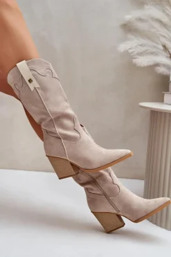 Outlet Boto Ocieplane Kozaki Kowbojki Na Słupku Eko Zamszowe Beżowe Hanivin