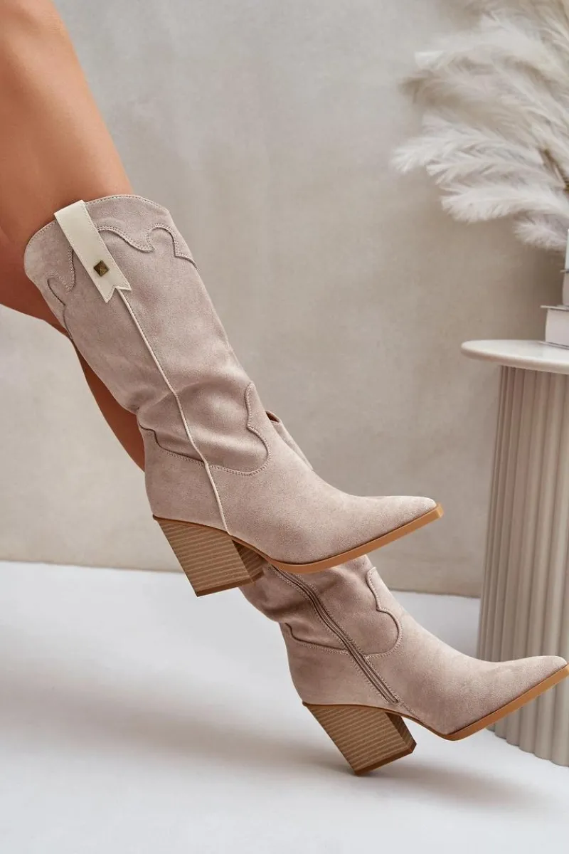 Outlet Boto Ocieplane Kozaki Kowbojki Na Słupku Eko Zamszowe Beżowe Hanivin