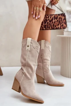 Outlet Boto Ocieplane Kozaki Kowbojki Na Słupku Eko Zamszowe Beżowe Hanivin