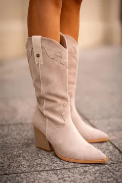 Outlet Boto Ocieplane Kozaki Kowbojki Na Słupku Eko Zamszowe Beżowe Hanivin