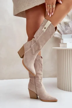 Outlet Boto Ocieplane Kozaki Kowbojki Na Słupku Eko Zamszowe Beżowe Hanivin