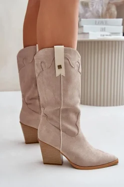 Outlet Boto Ocieplane Kozaki Kowbojki Na Słupku Eko Zamszowe Beżowe Hanivin