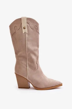 Outlet Boto Ocieplane Kozaki Kowbojki Na Słupku Eko Zamszowe Beżowe Hanivin