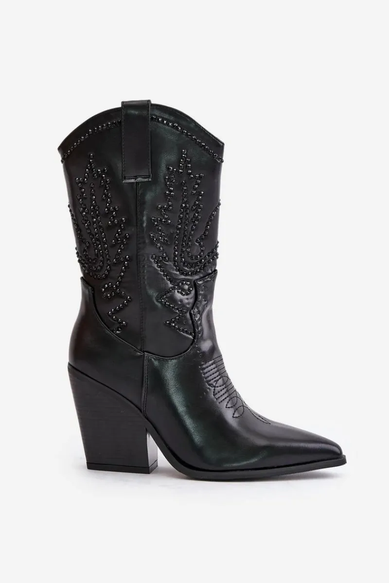 Best Boto Ocieplane Kozaki Kowbojki Na Słupku Ze Zdobieniem Czarne Arlitta