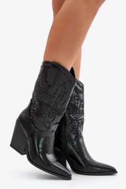 Best Boto Ocieplane Kozaki Kowbojki Na Słupku Ze Zdobieniem Czarne Arlitta