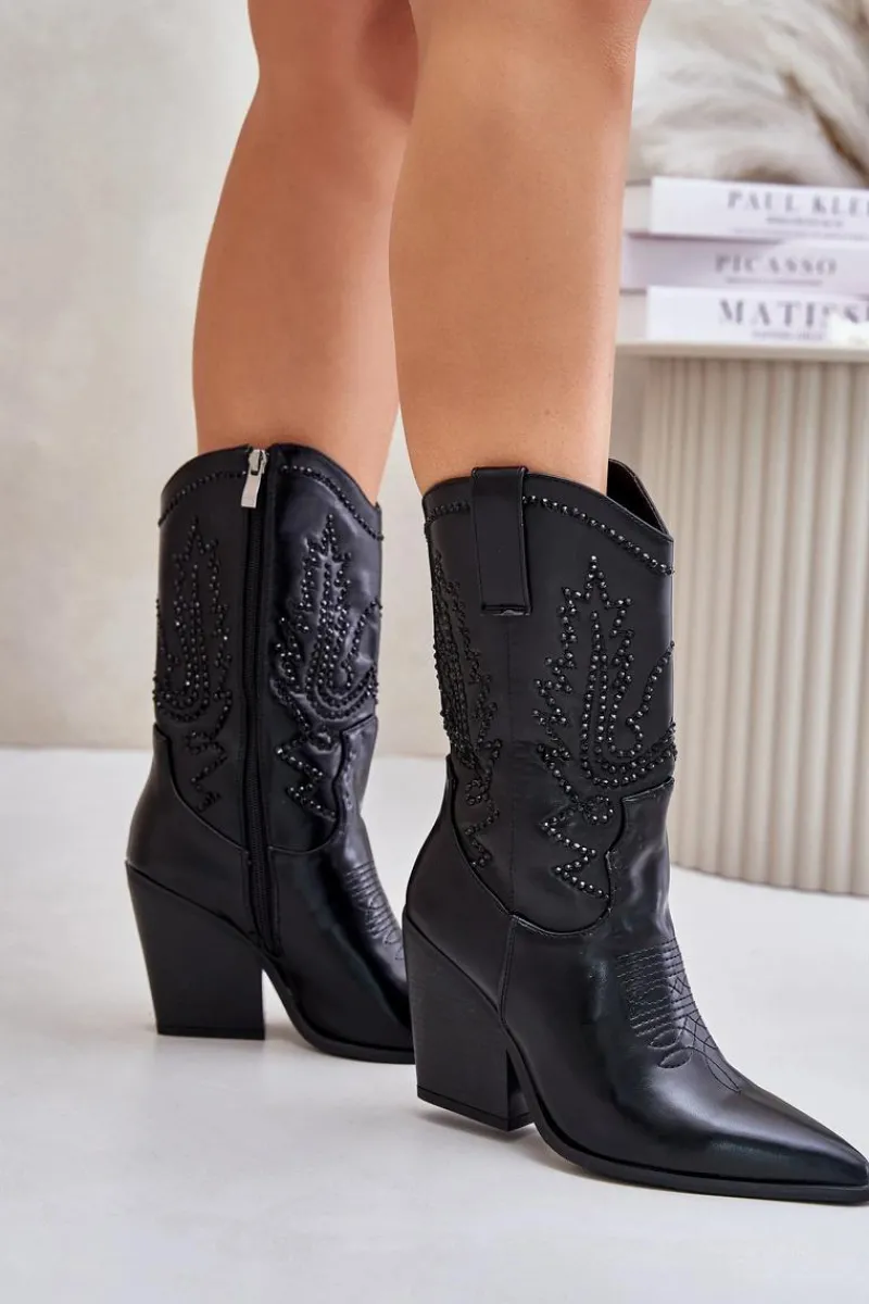 Best Boto Ocieplane Kozaki Kowbojki Na Słupku Ze Zdobieniem Czarne Arlitta