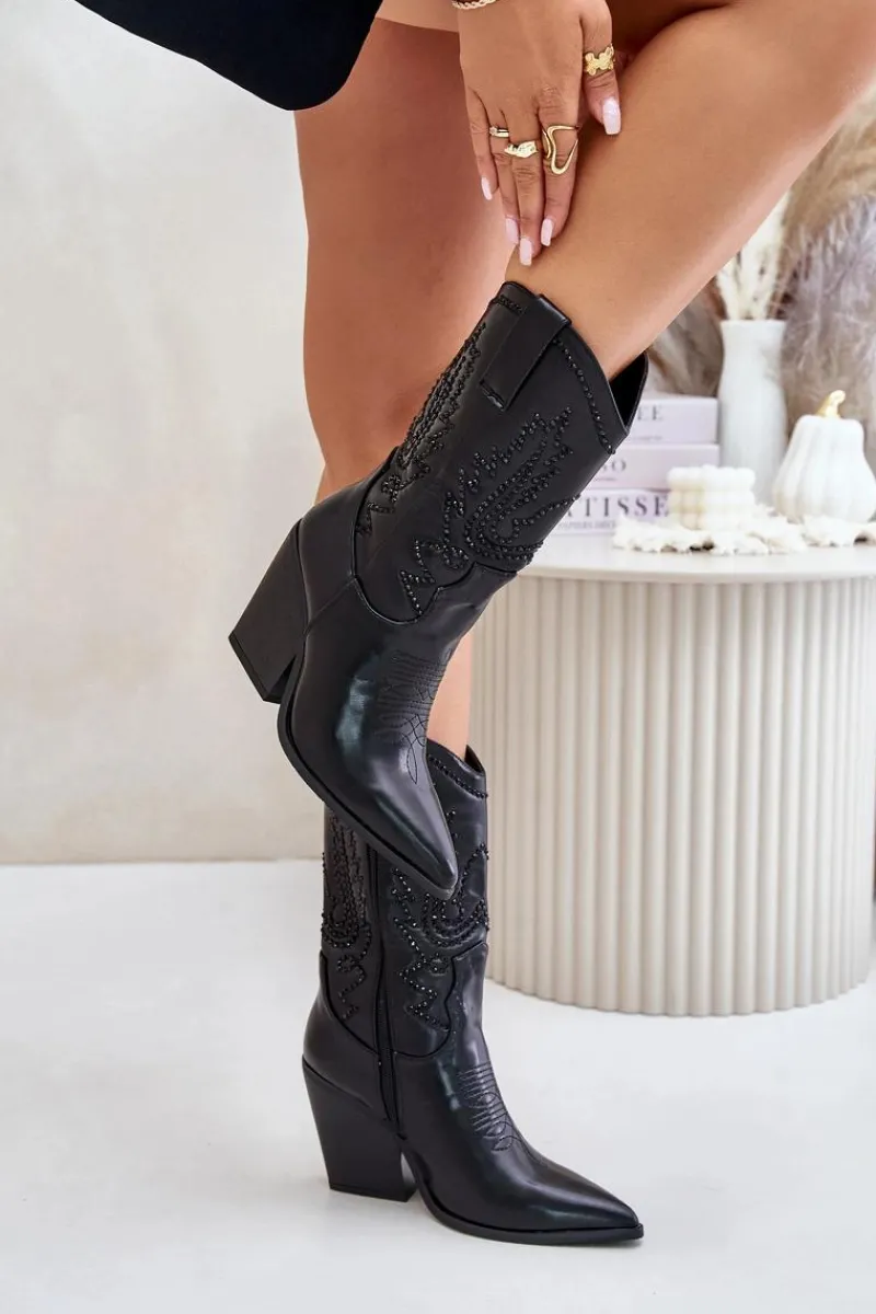 Best Boto Ocieplane Kozaki Kowbojki Na Słupku Ze Zdobieniem Czarne Arlitta