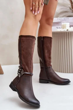 Best Boto Ocieplane Kozaki Na Płaskim Obcasie Z Ozdobną Klamrą Brązowe Leatharia Brązowy