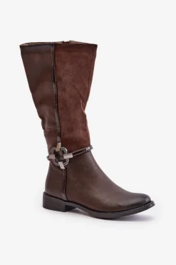 Best Boto Ocieplane Kozaki Na Płaskim Obcasie Z Ozdobną Klamrą Brązowe Leatharia Brązowy