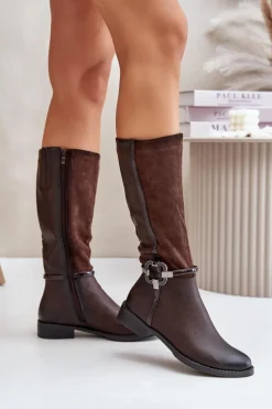 Best Boto Ocieplane Kozaki Na Płaskim Obcasie Z Ozdobną Klamrą Brązowe Leatharia Brązowy