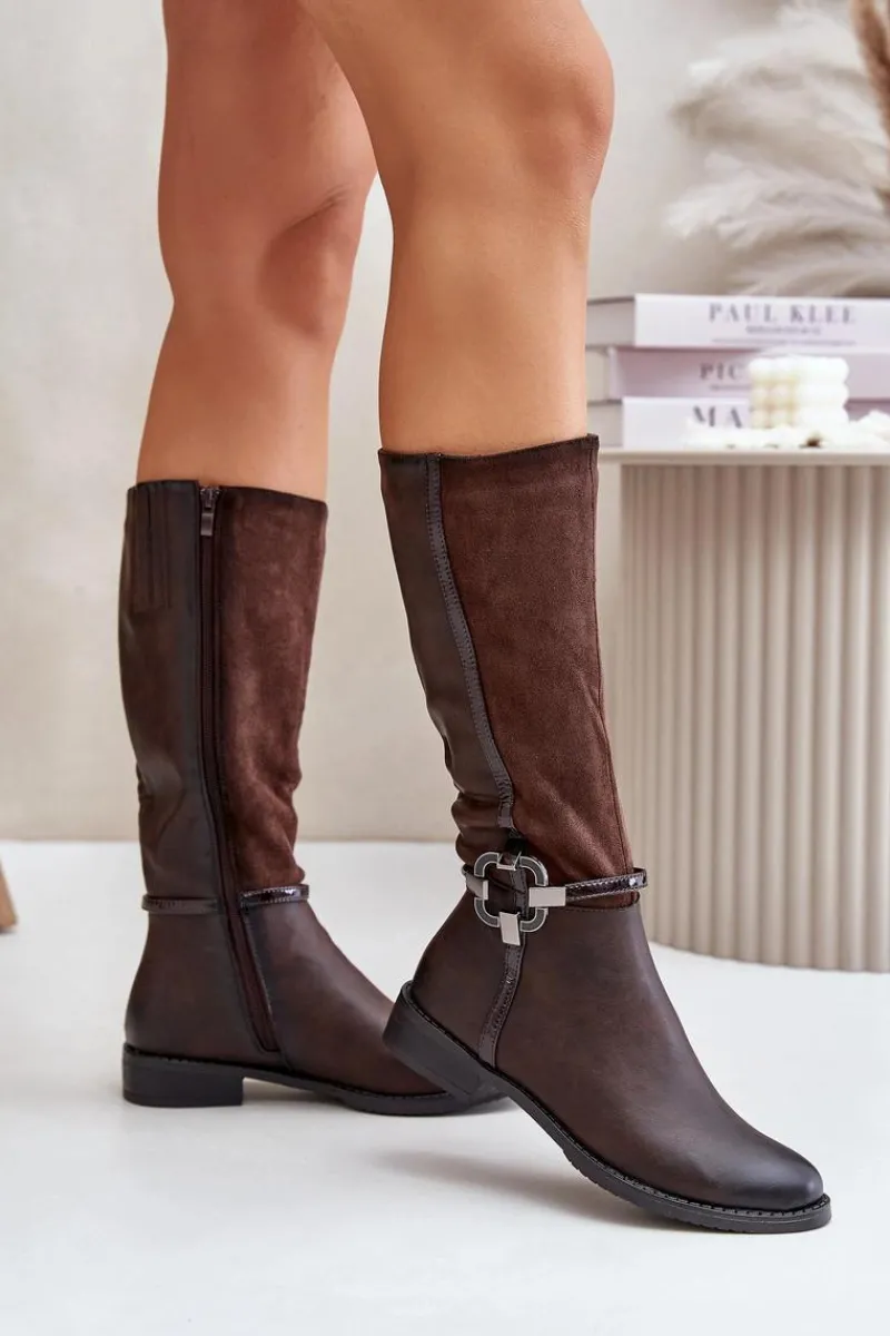 Best Boto Ocieplane Kozaki Na Płaskim Obcasie Z Ozdobną Klamrą Brązowe Leatharia Brązowy