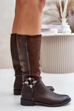 Best Boto Ocieplane Kozaki Na Płaskim Obcasie Z Ozdobną Klamrą Brązowe Leatharia Brązowy
