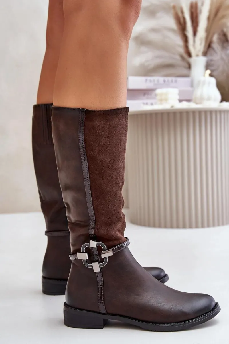 Best Boto Ocieplane Kozaki Na Płaskim Obcasie Z Ozdobną Klamrą Brązowe Leatharia Brązowy