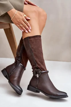 Best Boto Ocieplane Kozaki Na Płaskim Obcasie Z Ozdobną Klamrą Brązowe Leatharia Brązowy