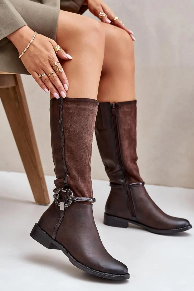 Best Boto Ocieplane Kozaki Na Płaskim Obcasie Z Ozdobną Klamrą Brązowe Leatharia Brązowy