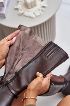 Best Boto Ocieplane Kozaki Na Płaskim Obcasie Z Ozdobną Klamrą Brązowe Leatharia Brązowy