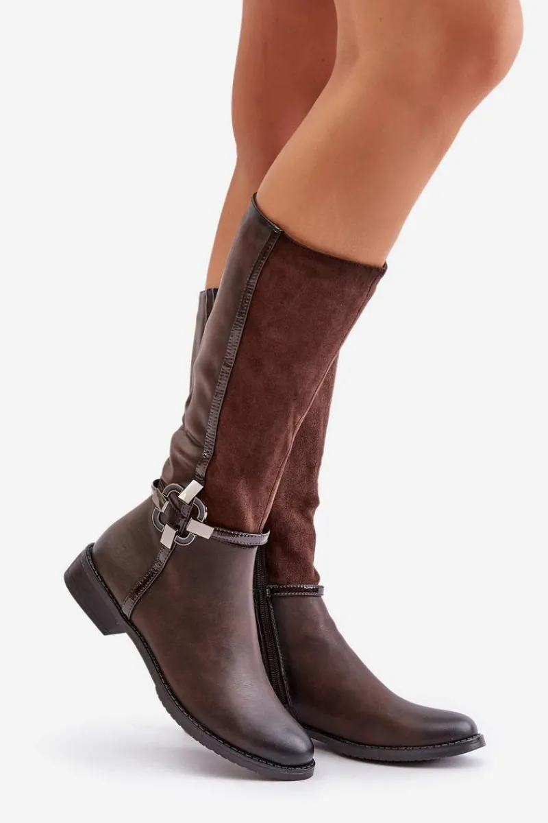 Best Boto Ocieplane Kozaki Na Płaskim Obcasie Z Ozdobną Klamrą Brązowe Leatharia Brązowy