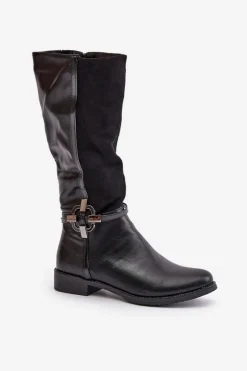 Kozaki Ocieplane|Kozaki Płaskie></noscript>Boto Ocieplane Kozaki Na Płaskim Obcasie Z Ozdobną Klamrą Czarne Leatharia Czarny