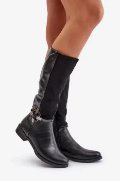 Kozaki Ocieplane|Kozaki Płaskie></noscript>Boto Ocieplane Kozaki Na Płaskim Obcasie Z Ozdobną Klamrą Czarne Leatharia Czarny