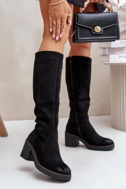 Outlet Ocieplane Kozaki Na Słupku Eko Zamszowe Przed Kolano Czarne Leamirael Damskie Kozaki Ocieplane|Kozaki Na Słupku