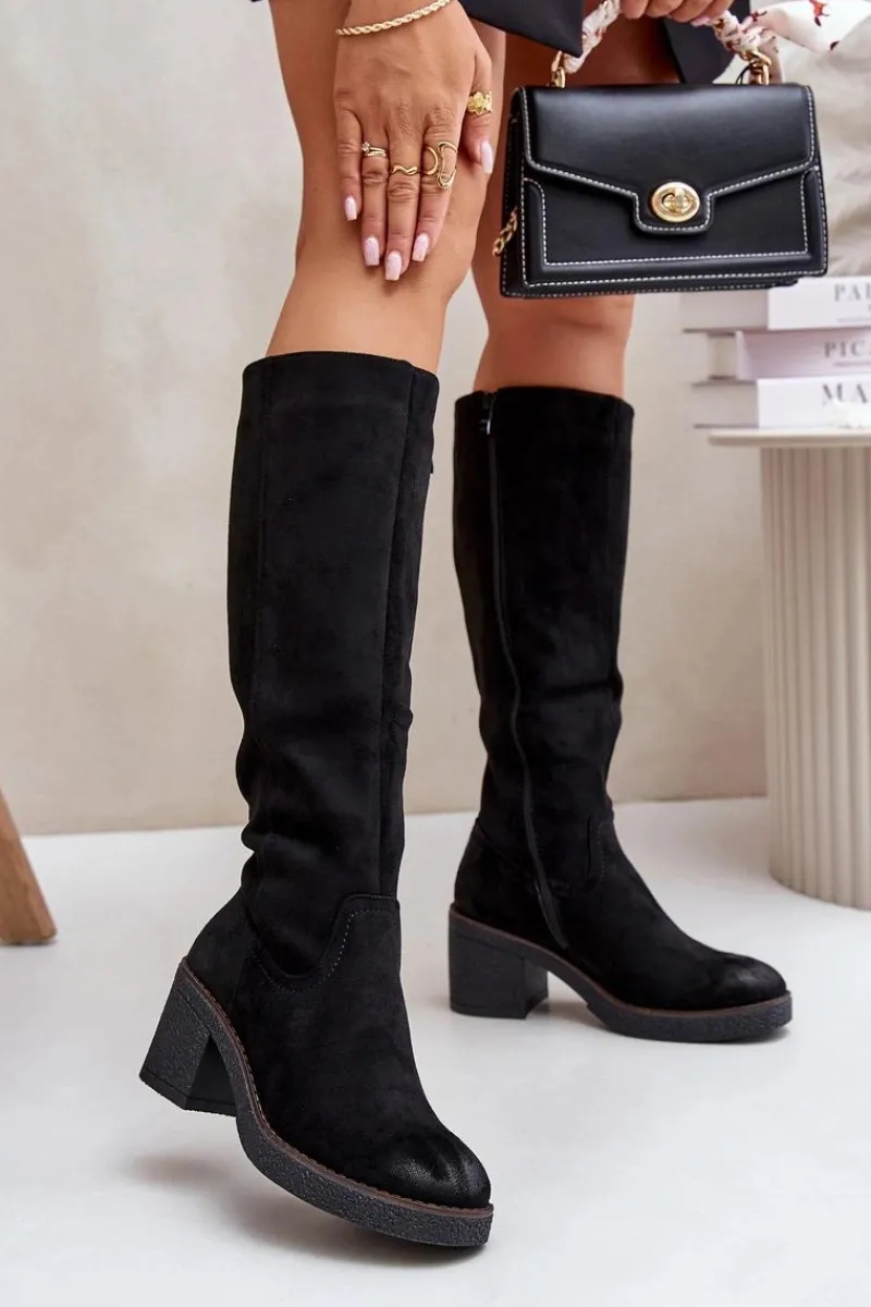 Outlet Ocieplane Kozaki Na Słupku Eko Zamszowe Przed Kolano Czarne Leamirael Damskie Kozaki Ocieplane|Kozaki Na Słupku