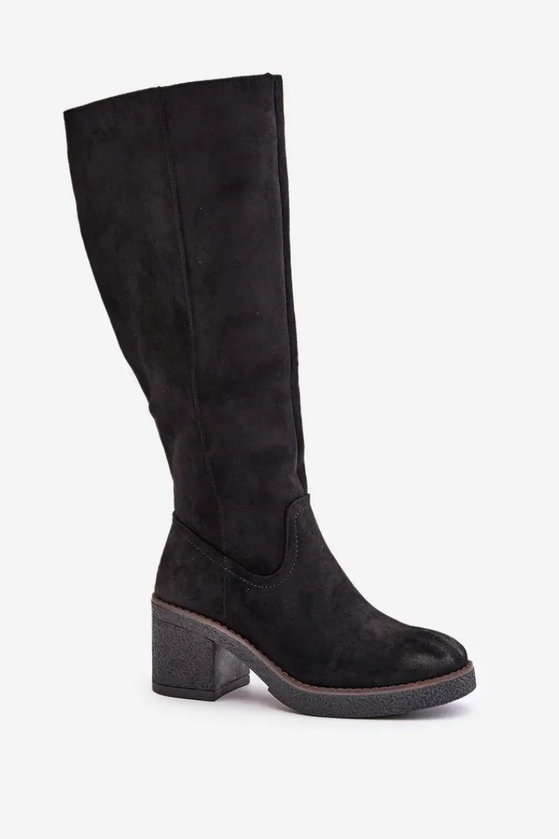 Outlet Ocieplane Kozaki Na Słupku Eko Zamszowe Przed Kolano Czarne Leamirael Damskie Kozaki Ocieplane|Kozaki Na Słupku