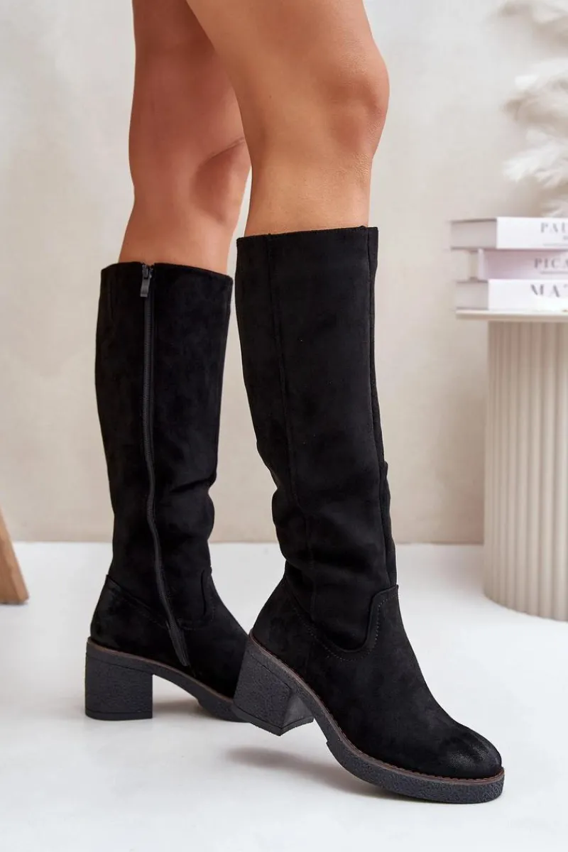 Outlet Ocieplane Kozaki Na Słupku Eko Zamszowe Przed Kolano Czarne Leamirael Damskie Kozaki Ocieplane|Kozaki Na Słupku