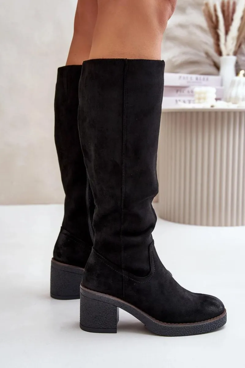 Outlet Ocieplane Kozaki Na Słupku Eko Zamszowe Przed Kolano Czarne Leamirael Damskie Kozaki Ocieplane|Kozaki Na Słupku