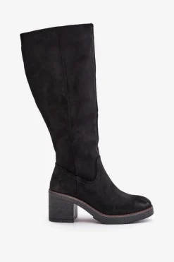 Outlet Ocieplane Kozaki Na Słupku Eko Zamszowe Przed Kolano Czarne Leamirael Damskie Kozaki Ocieplane|Kozaki Na Słupku
