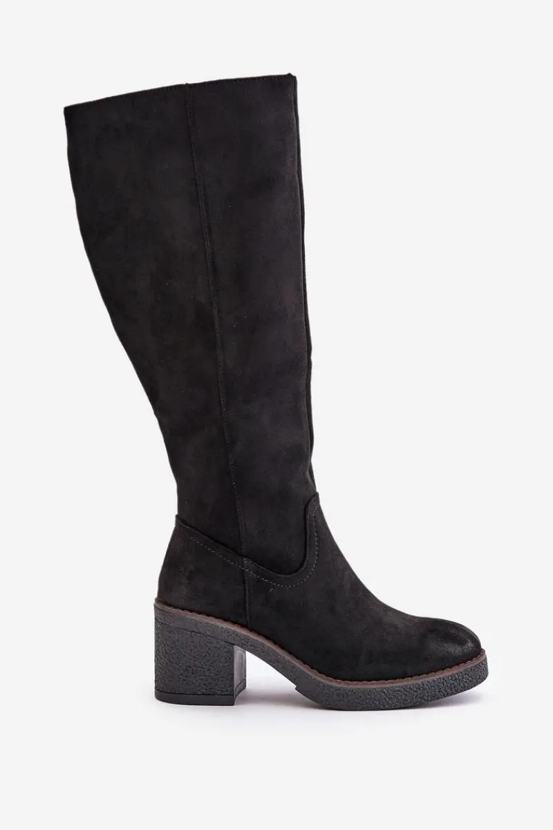 Outlet Ocieplane Kozaki Na Słupku Eko Zamszowe Przed Kolano Czarne Leamirael Damskie Kozaki Ocieplane|Kozaki Na Słupku