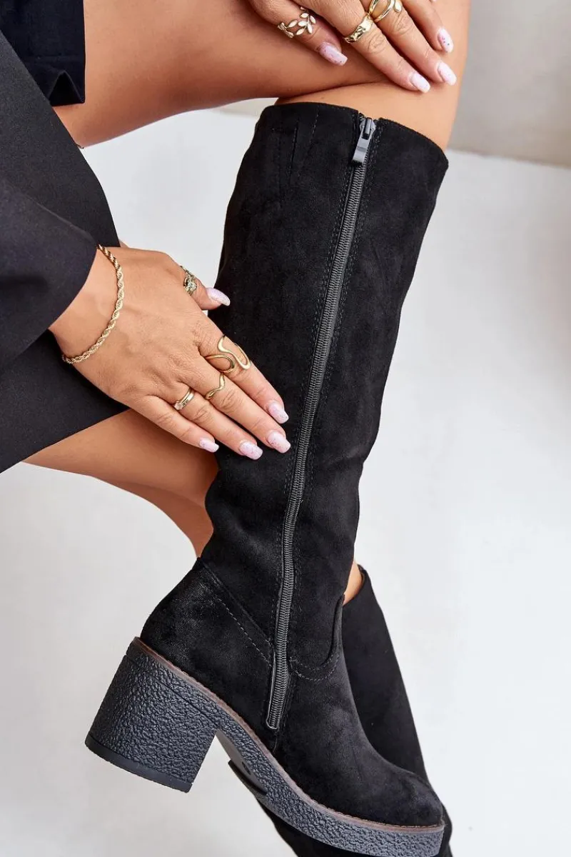 Outlet Ocieplane Kozaki Na Słupku Eko Zamszowe Przed Kolano Czarne Leamirael Damskie Kozaki Ocieplane|Kozaki Na Słupku