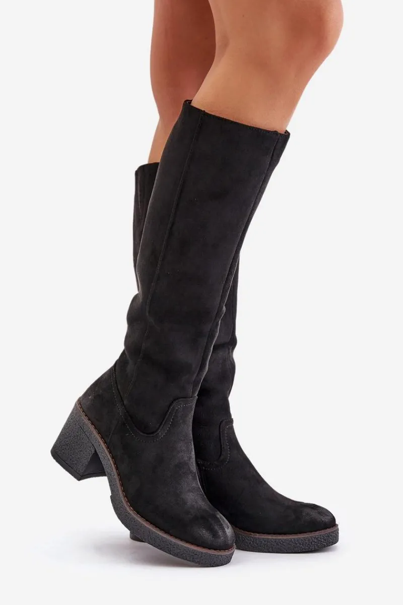 Outlet Ocieplane Kozaki Na Słupku Eko Zamszowe Przed Kolano Czarne Leamirael Damskie Kozaki Ocieplane|Kozaki Na Słupku