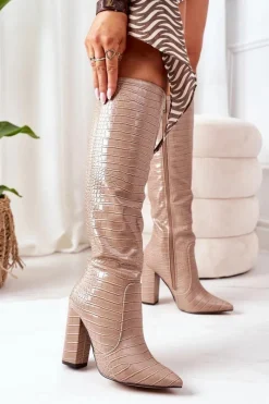 Clearance Boto Ocieplane Kozaki Na Słupku Beżowe Larissa