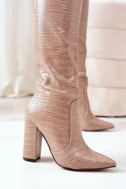 Clearance Boto Ocieplane Kozaki Na Słupku Beżowe Larissa