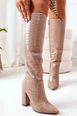 Clearance Boto Ocieplane Kozaki Na Słupku Beżowe Larissa