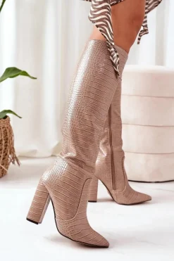 Clearance Boto Ocieplane Kozaki Na Słupku Beżowe Larissa